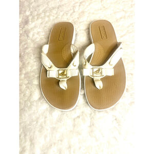 Sperry Women's Seafish Flip Flop Leather Sandals in white and gold size 8M